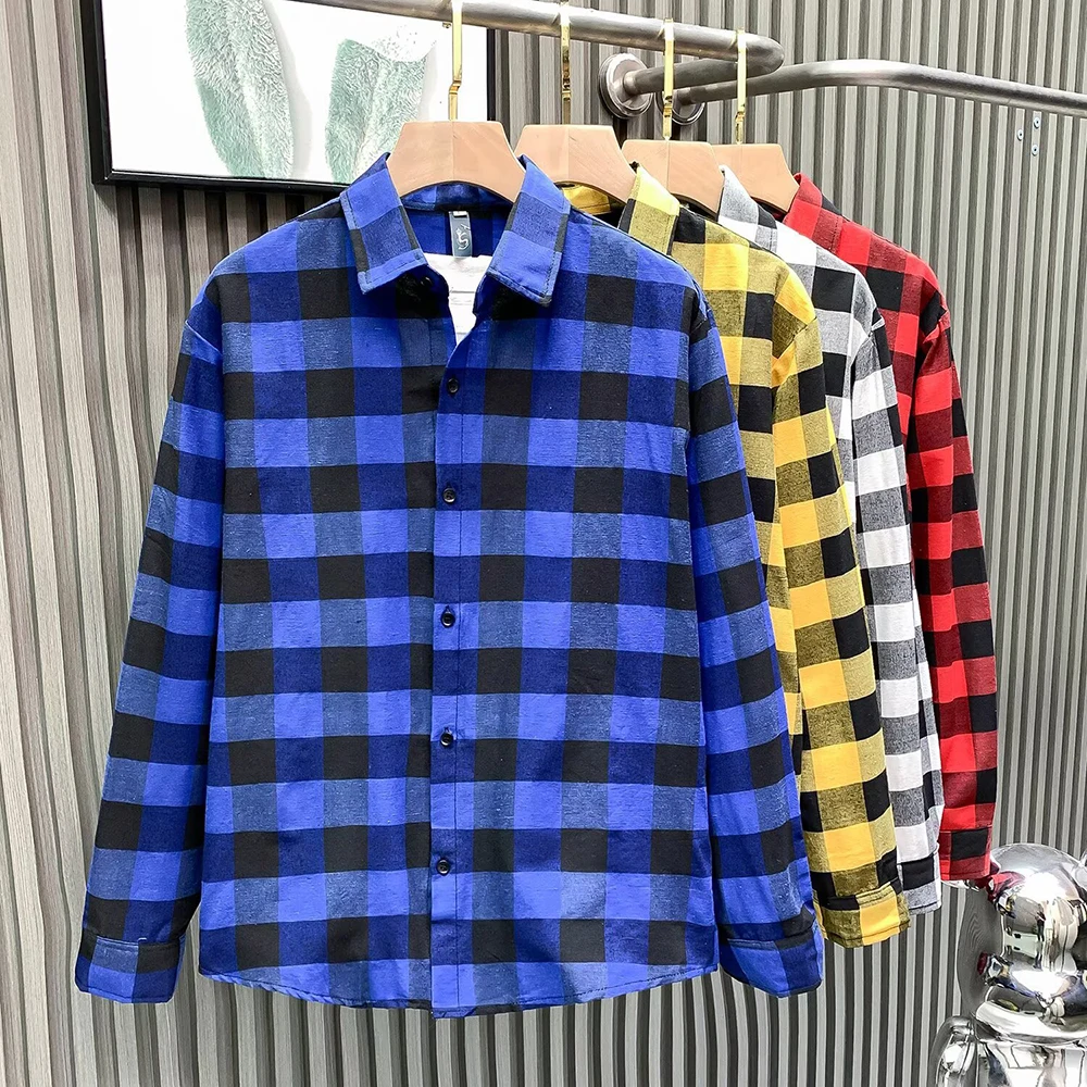

Vintage Plaid Shirt Men's Spring Autumn Long Sleeve Loose Fit Single-breasted Youth Casual Versatile Male Outerwear Tops
