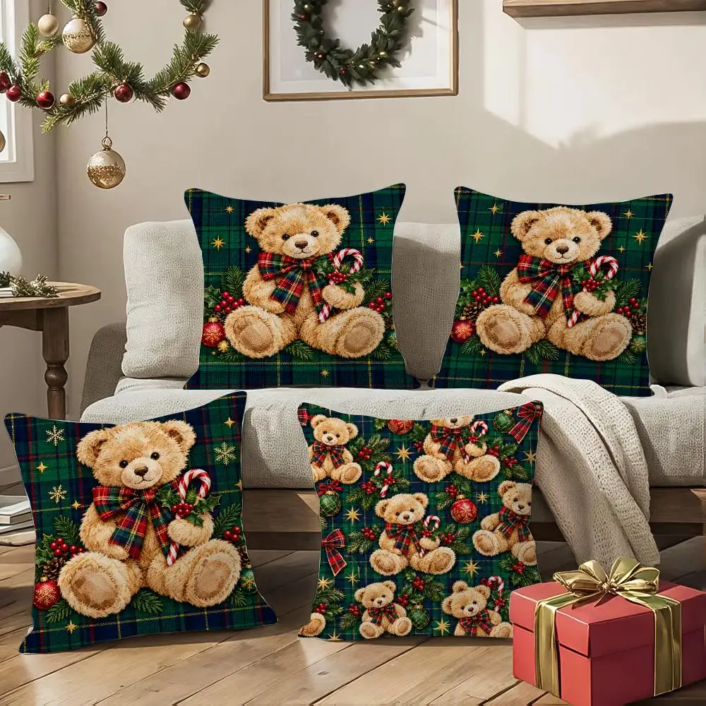 Christmas Teddy Cushion Cover 1/4Pcs Soft Plush Throw Pillow Cover Double-Sided Print Sofa Living Room Decor