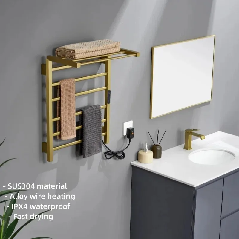 

Роскошная Золотая вешалка для полотенец с электрическим подогревом, нержавеющая сталь 304, умный сенсорный термостойкий полотенцесушитель для ванной комнаты, 220 В, бытовой