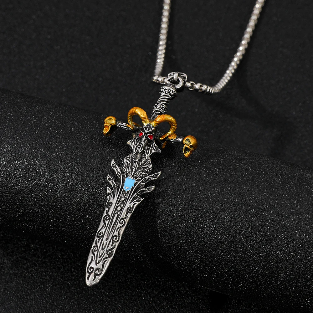 Retro Gothic Style Sheep Head Sword Pendant Necklace - Two Tone Creative Cool Fashion Trend Cosplay Jewelry Personalized Gift