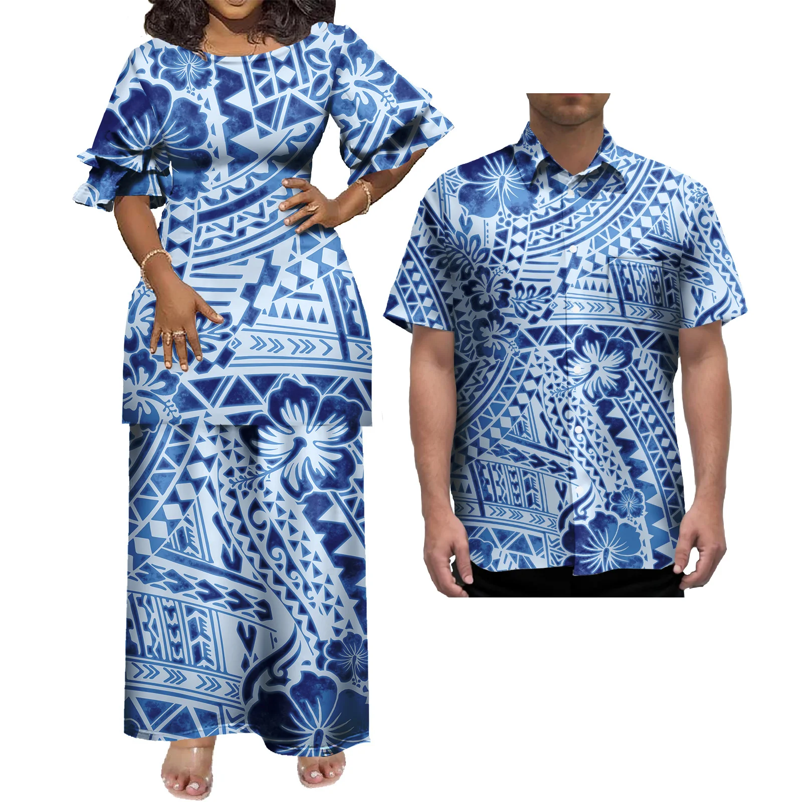

New Wholesale Custom Polynesian Tribal Design Petal Sleeve Samoan Puletasi Set Ptaha Plus Size Women 2 Piece Outfits Sets Dress