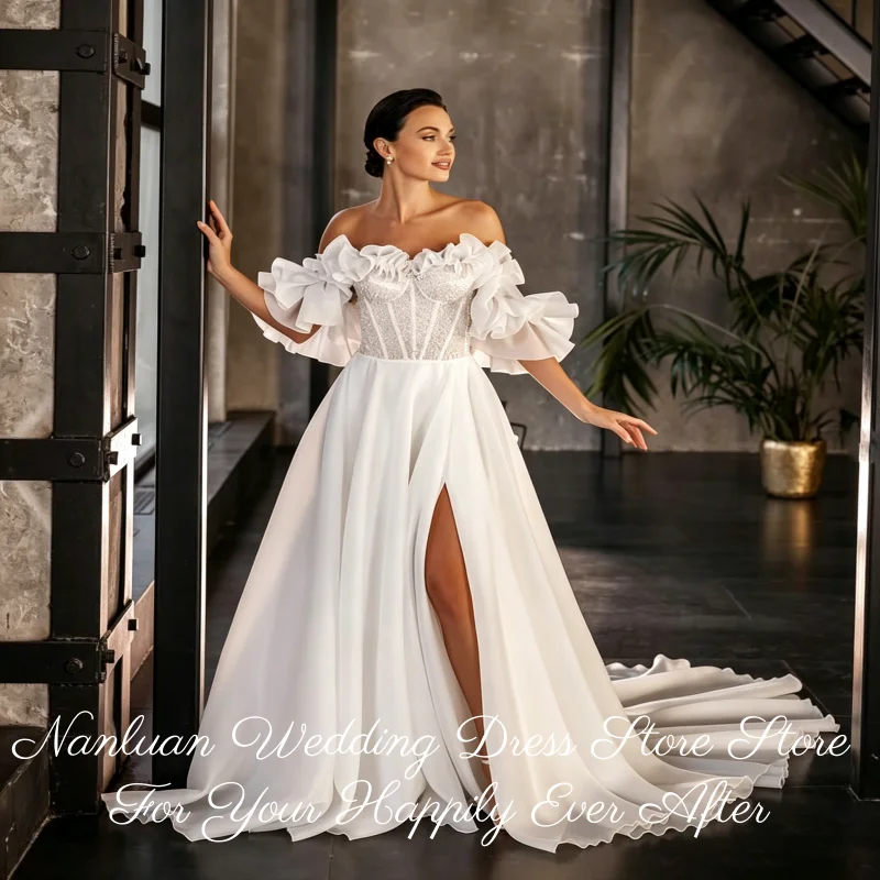 26 Styles Off Shoulder High Slit Chiffon Wedding Dress Full Backless Chapel Train Bridal Gown Vestidos de Novia Customized