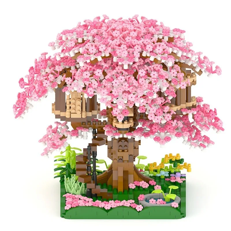 LJ 605 Architectuur Sakura Boomhut Tuin Roze Bloem Plant Veld Mini Diamant Blokken Bakstenen Bouwspeelgoed voor Kinderen geen Doos