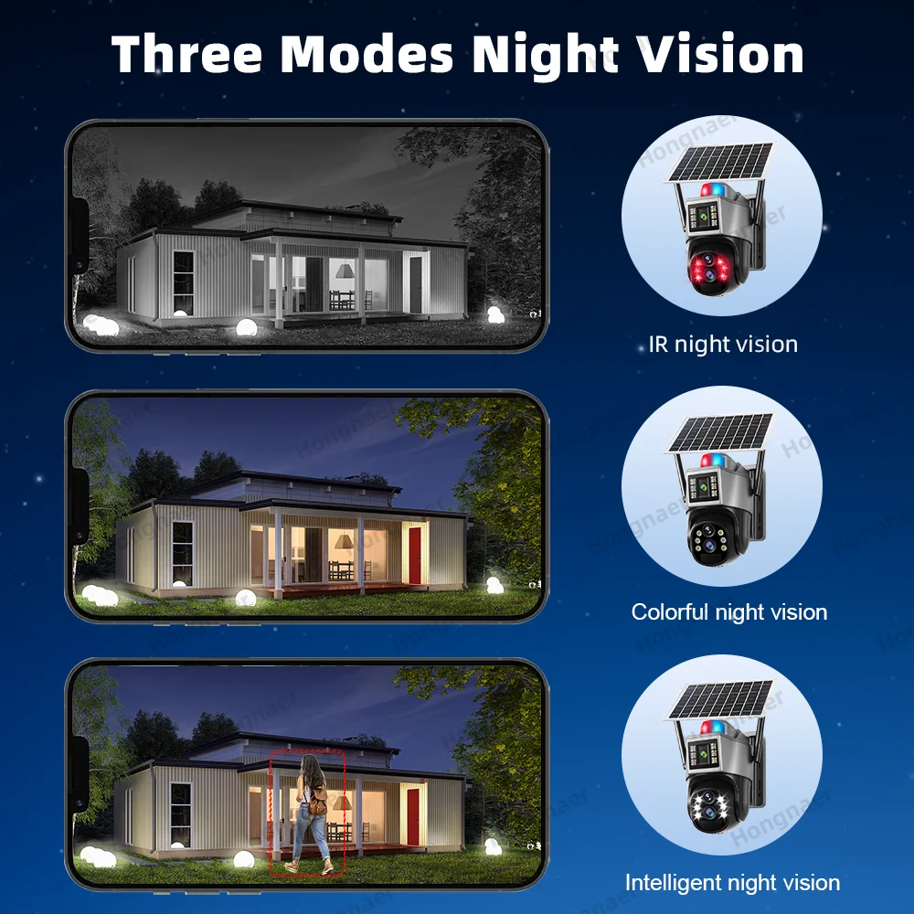 Hongnaer 12MP 6K V380 Pro 10X Zoom Three Lens Wireless Smart Solar Powered Panel CCTV PTZ Outdoor WiFi Security Solar Camera