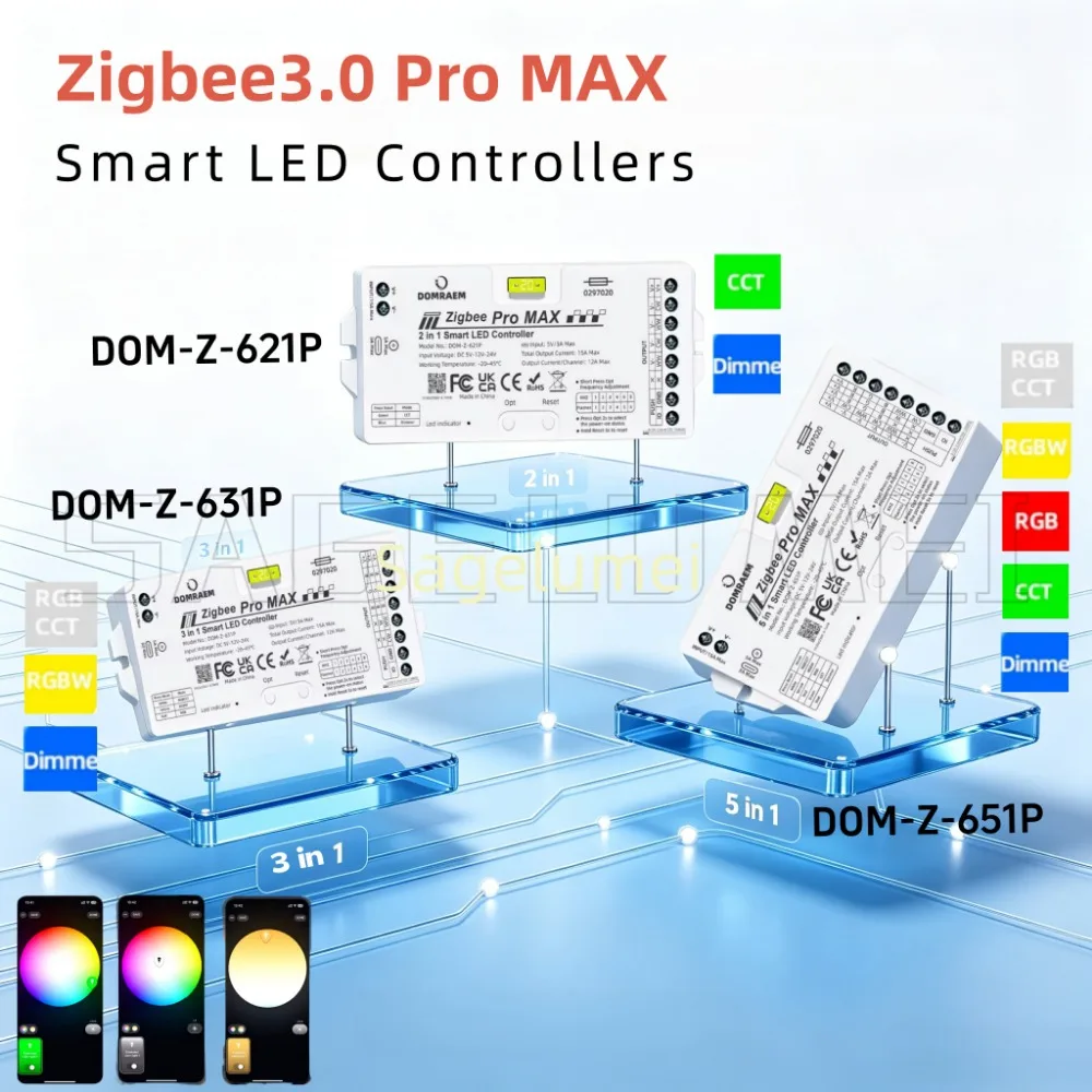 DOMRAEM LED Strip Controller Zigbee Pro MAX Smart 5‑in‑1 Supports CCT RGB RGBW RGBCCT Dimming with External 20A Pluggable Fuse