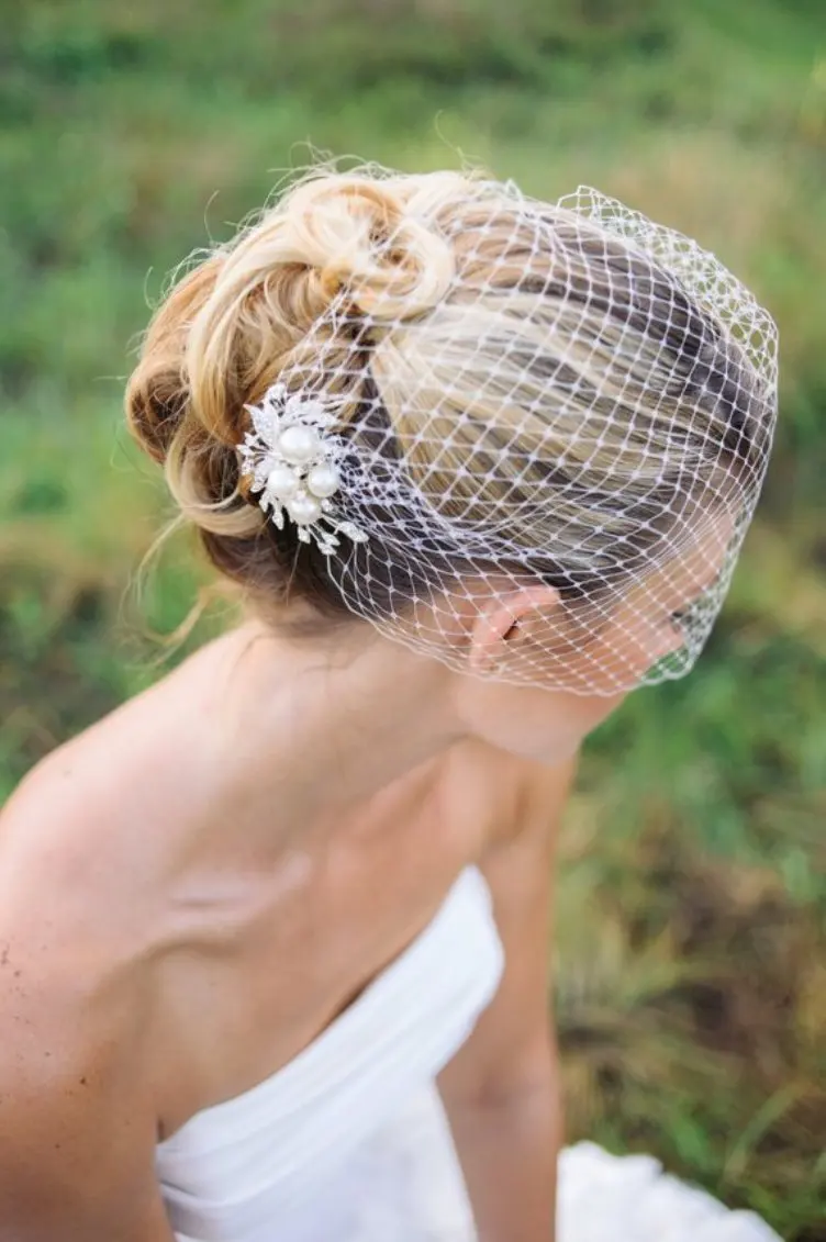 Pérolas Véus de Casamento com Pente, Baguetes Brancos, Nupcial Headpiece, Bridal Face Veil, Acessórios Femininos, 1920 Birdcage