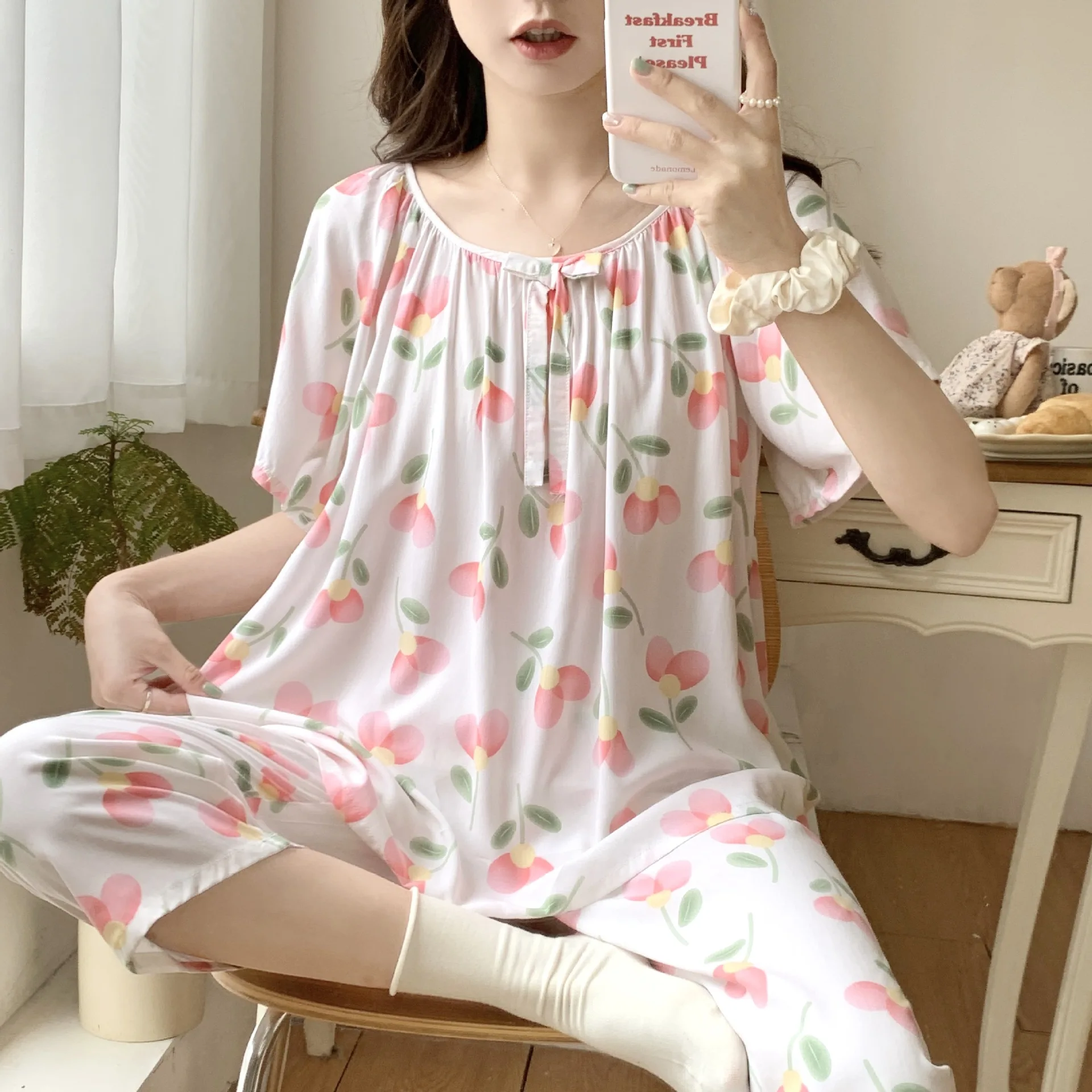 Bloemenprint Satijnen Pyjama Sets 2 Delige Broek Broek Broek Ruches Lady Outfit Lounge Vrouwen Pijama Nachtkleding Pyjama