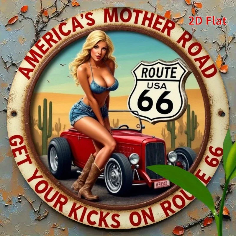 DDPNKL Route 66 Metallschild – Retro-Road-Trip-Dekoration mit klassischem roten Auto, Pin-Up-Girl, Wüstenlandschaft – strukturierte metallische Oberfläche