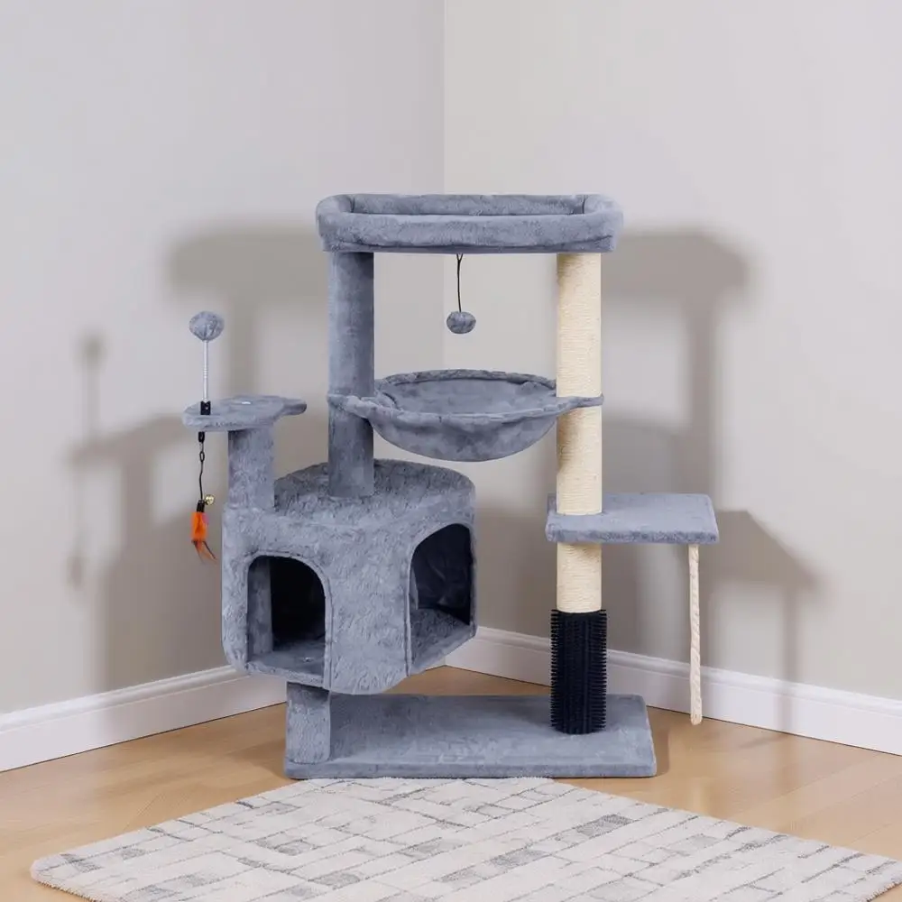 

Cat Tree with Condo, Hammock, Self-Grooming Brush, Toy Balls, and Scratching Posts in Grey