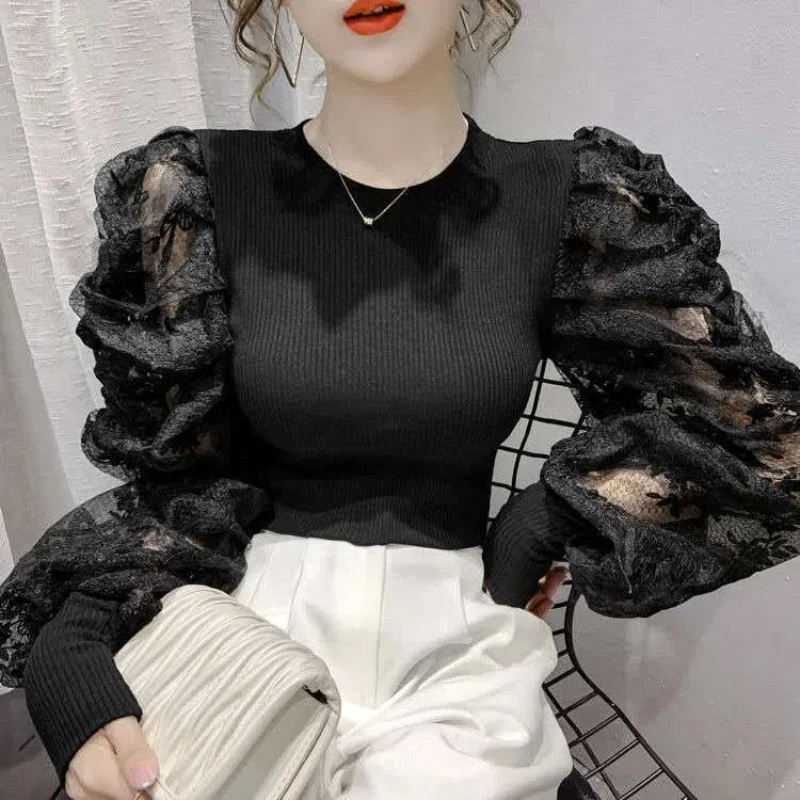 Korean Lace Patchwork Slim T Shirts Spring New Long Sleeve Solid Color Elegant Tops Tees Temperament Vintage Women Clothing