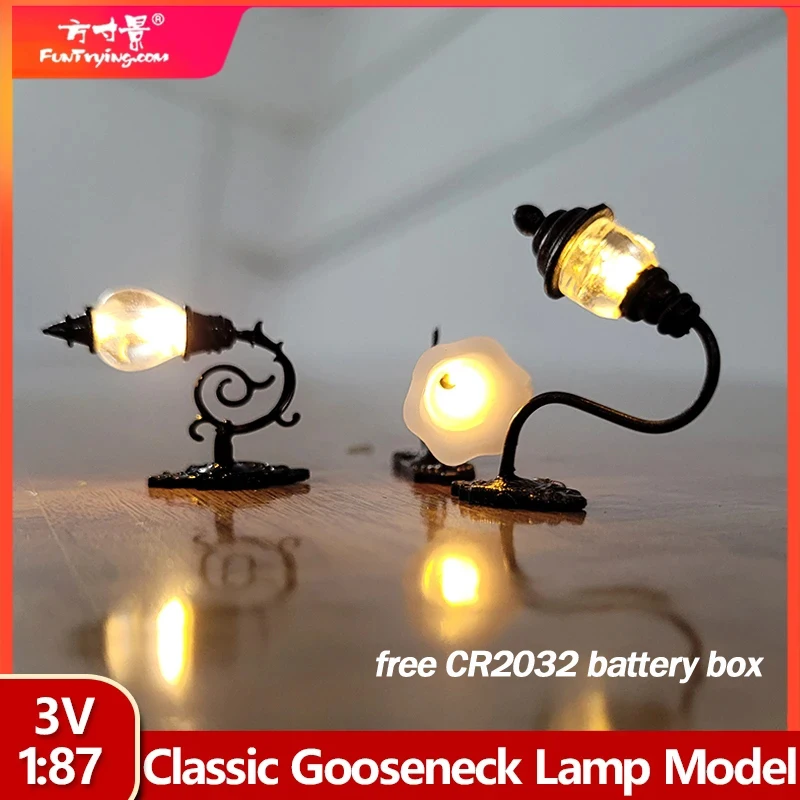 2/10pcs 1:87 Ho Scale Classic Wall Mount Gooseneck Lamps indoor wall Lamp Model for doll house Layout with free battery box