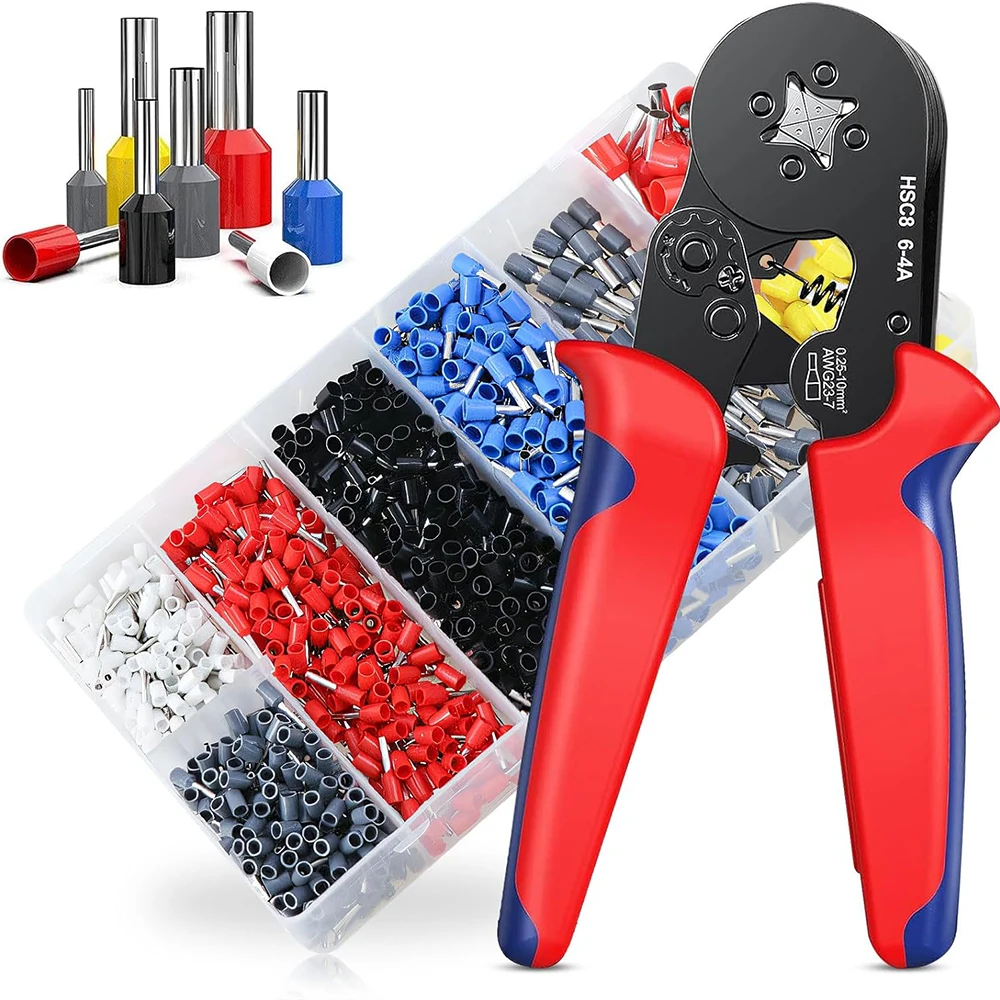 

HSC8 Набор инструментов для обжима проводов, набор плоскогубцев, 1250 шт., клеммы для наконечников шнурков, наконечники для проводов 6–4,0,25–10 мм, 2 саморегулируемых