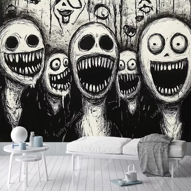 VIKAMA Horror Monster Sketch Tapestry, Dark Devil Portrait Wall Hanging, Aesthetic Bedroom Dorm Esports Room Decor