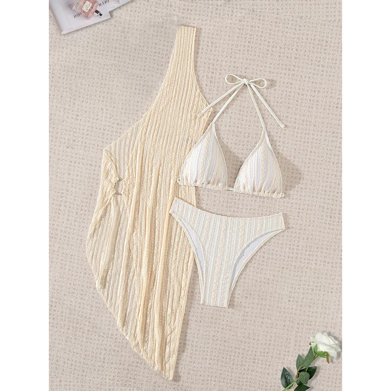 Hollow Out Knitted Cover-Up Three-Piece Swimsuit Women's Bikini Vacation Beachwear Hot Sale