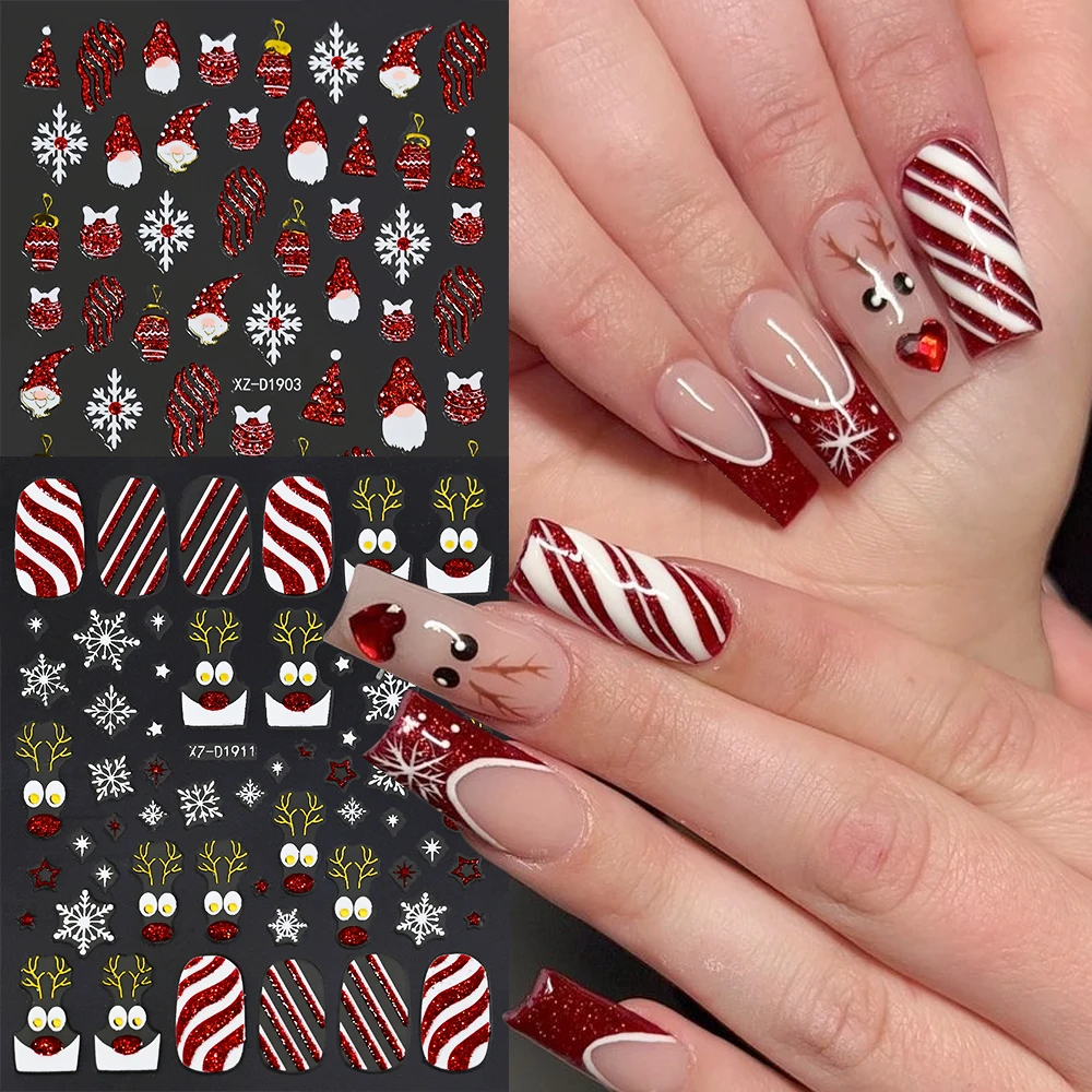 1 pz 3D rosso glitter Babbo Natale alce stella nail art adesivo cervo fiocchi di neve cursori per unghie di Natale per l'inverno Natale manicure decalcomania