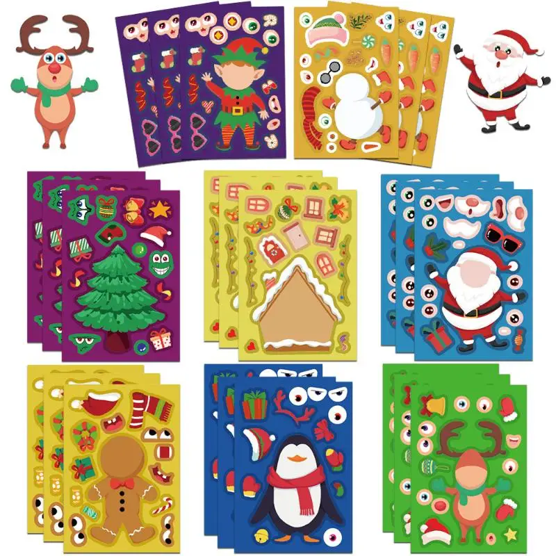 8 Sheets Children Party Decoration Toy Christmas Puzzle Stickers Create Your Own Santa Claus DIY Make-a-Face Jigsaw Games