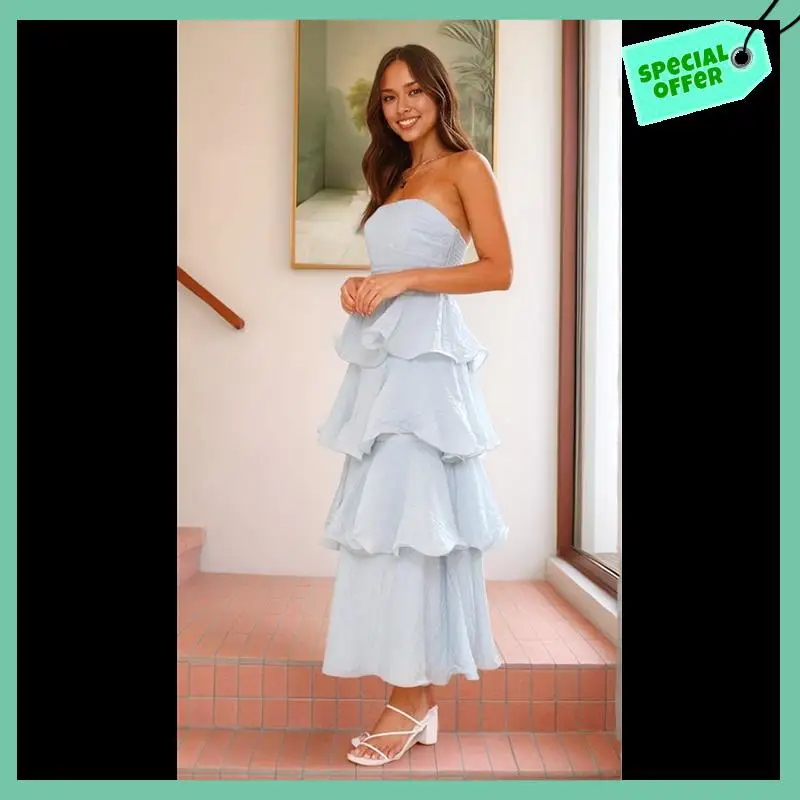 

Sturdy Women Summer Strapless Maxi Dress Ruffle Tiered Solid Backless Smocked Elegant Flowy Beach Long Dresses