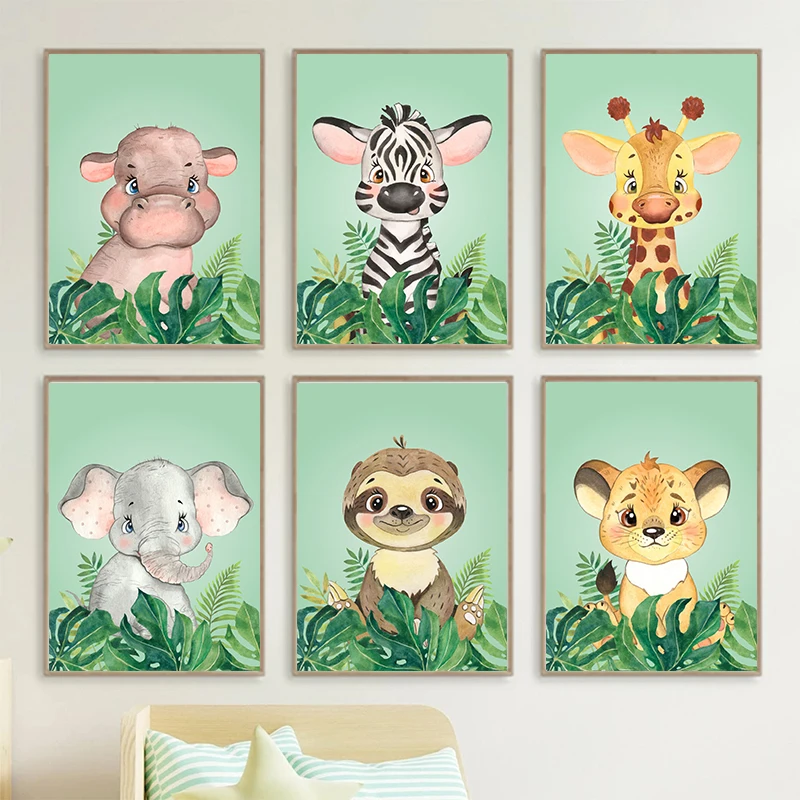 Jungle Animal Posters Cute Baby Tiger Sloth Elephant Giraffe Wall Art Posters and Prints White Kraft Paper for Bedroom Decor