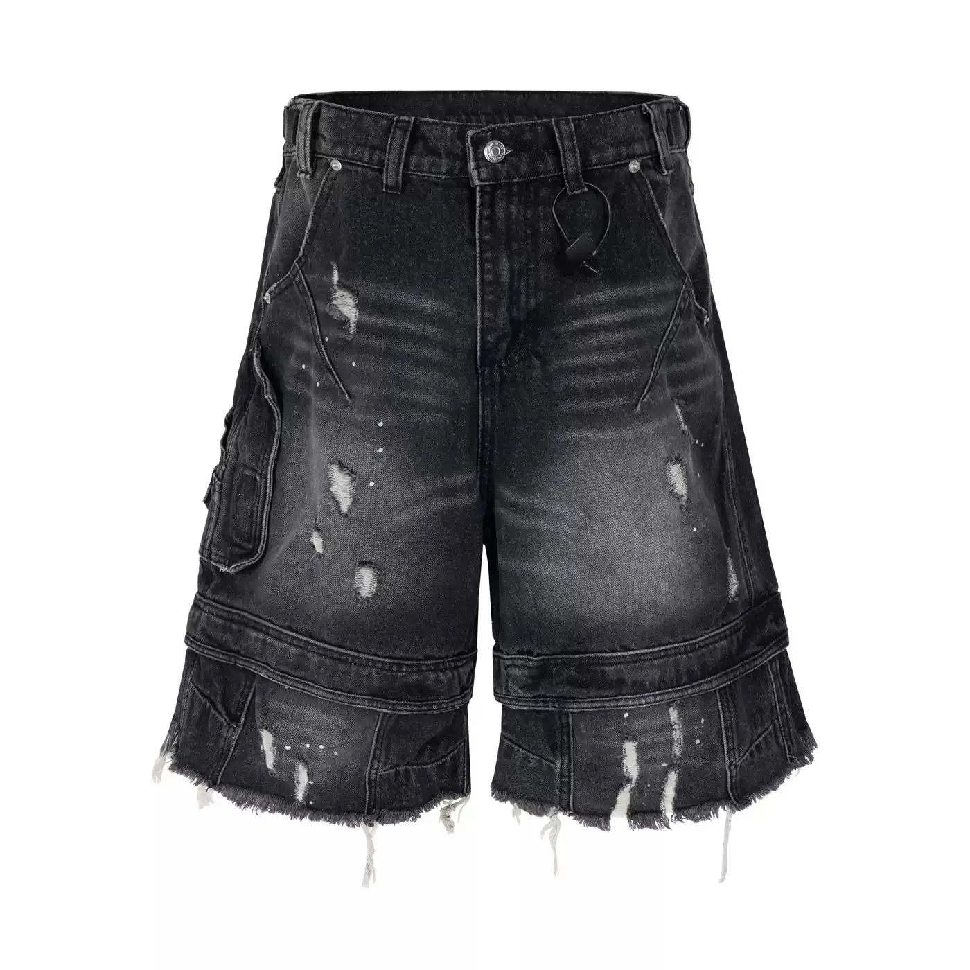 

American Style Retro Washing Distressed Broken Hole Tassels Paratrooper Shorts Fashion Brand Splicing Design Wide Leg Shorts