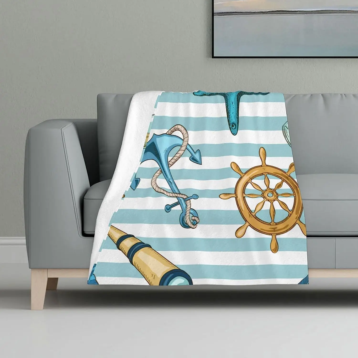 Nautical Throw Blanket Anchor Wheel Starfish Seashell Spyglass and Bottle Striped Decoration Throw Blanket Bed Couch