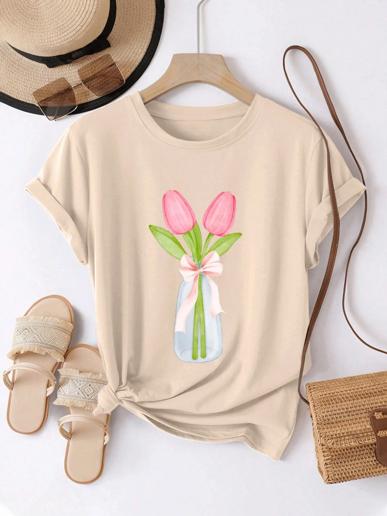 Women's Pink Tulip Print T-Shirt Sleeve Crew Neck Blouse Suitable for Spring Summer Casual Blouse Elegant Bouquet for Daily Wear