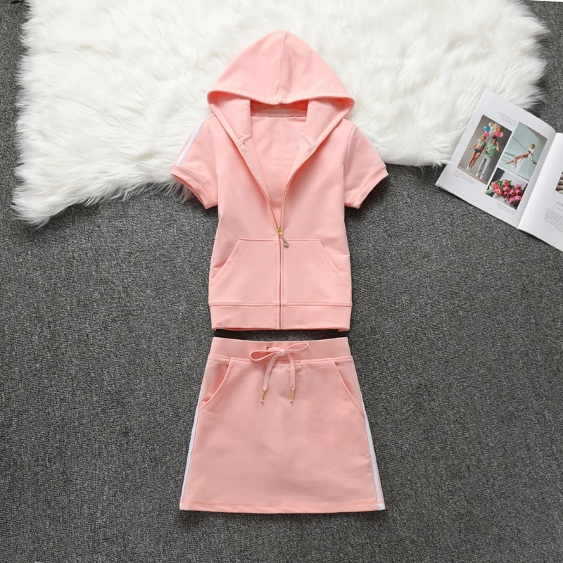 Summer Short Skirt Suit 2024 Women Cotton Hoodies and Middle Waist Mini Skirts Lining With Shorts Sexy Tracksuit