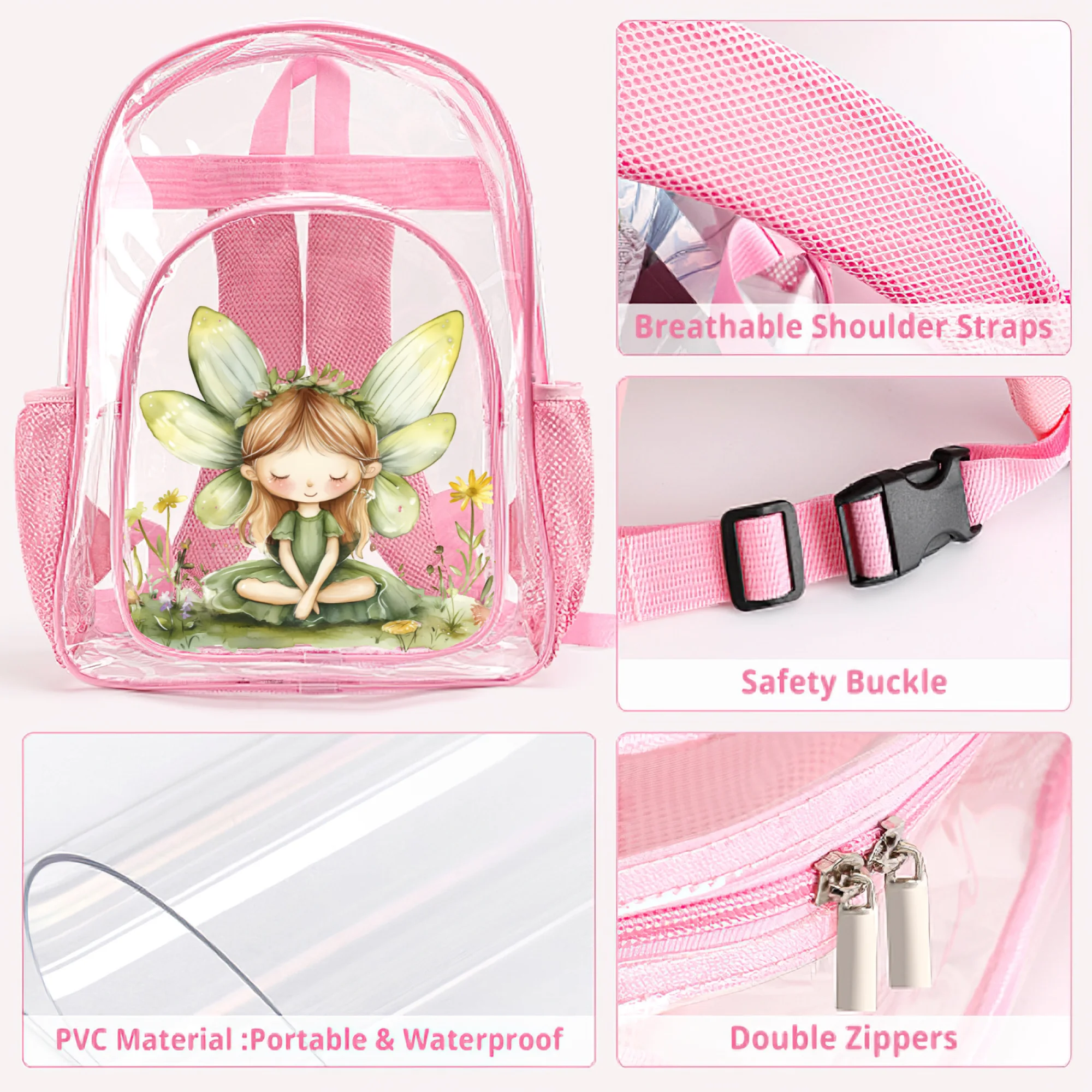 Mochila de hadas transparente de PVC para niños de 16,9 pulgadas con flores, bolso escolar rosa para actividades temáticas de niñas, uso diario, regalo de mochila