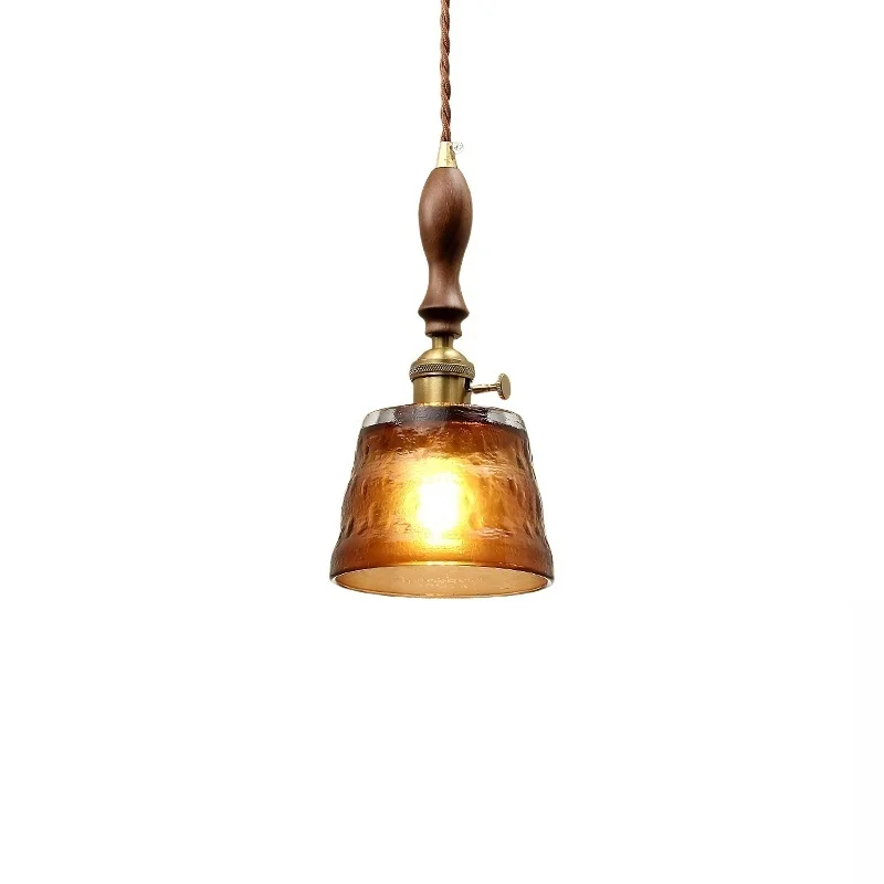

IWHD Amber Glass Small LED Pendant Lamp Dinning Living Room Decoration Bedroom Bedside American Vintage Style Hanging Lamp