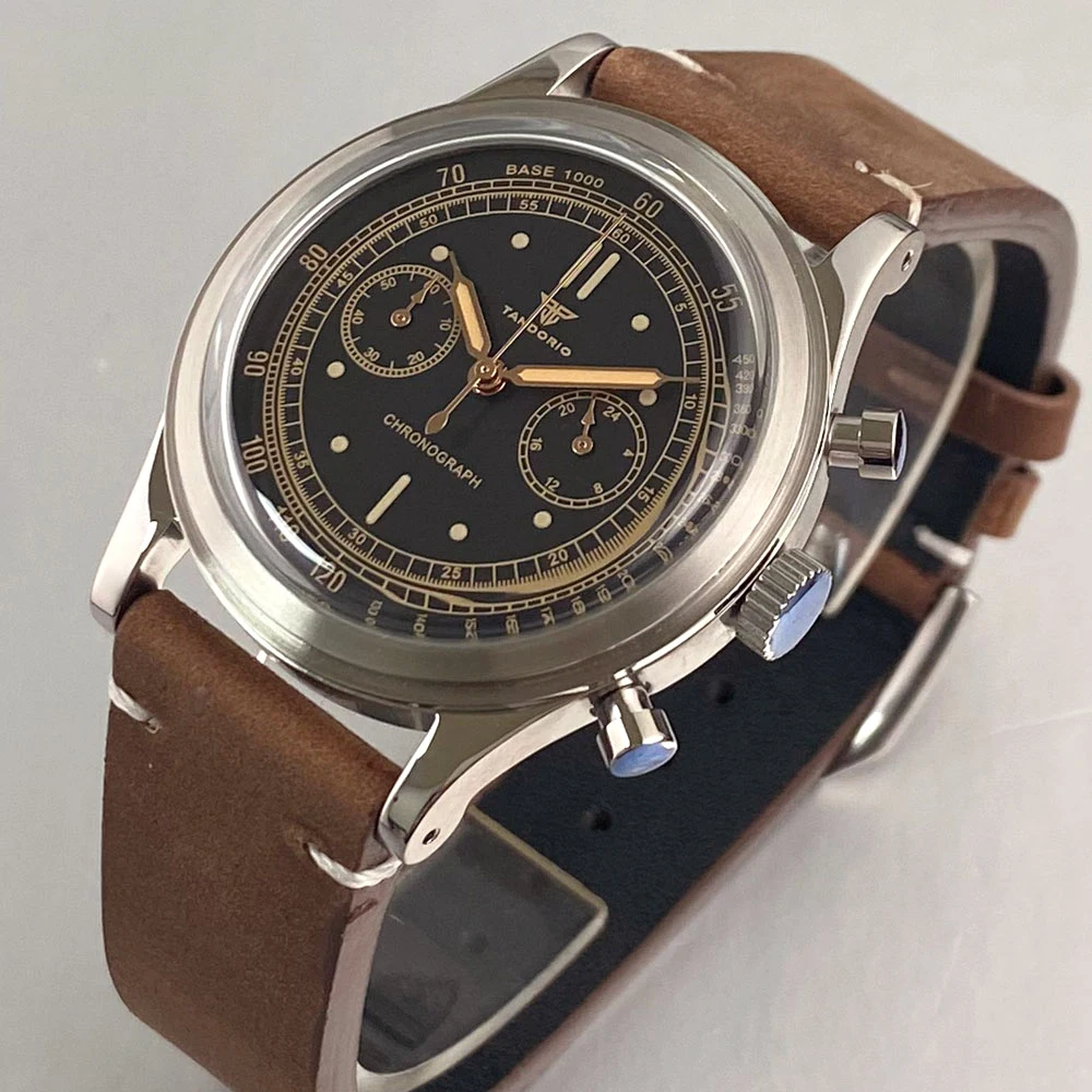Tandorio New 38mm Domed Glass Stainless Steel Black Quartz Vintage Watch For Miyota OS20 Chronograph Sport Clock For Men Lume