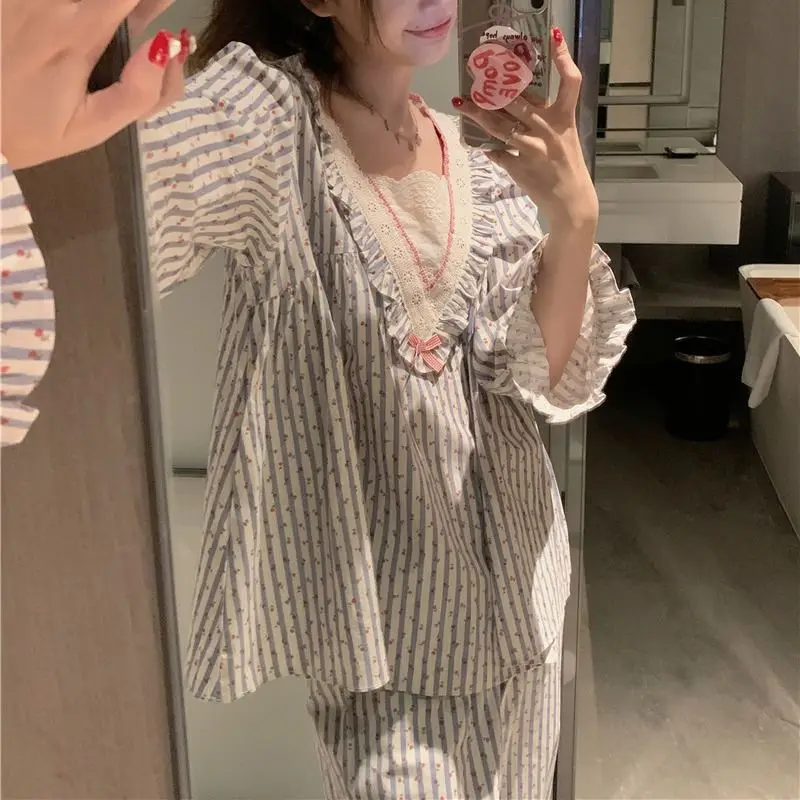 

Korean Fashion Pajama Sets Spring Autumn New Lace Striped Long Sleeve Pajamas Female Student Two-piece Home Clothes Sleep Summer