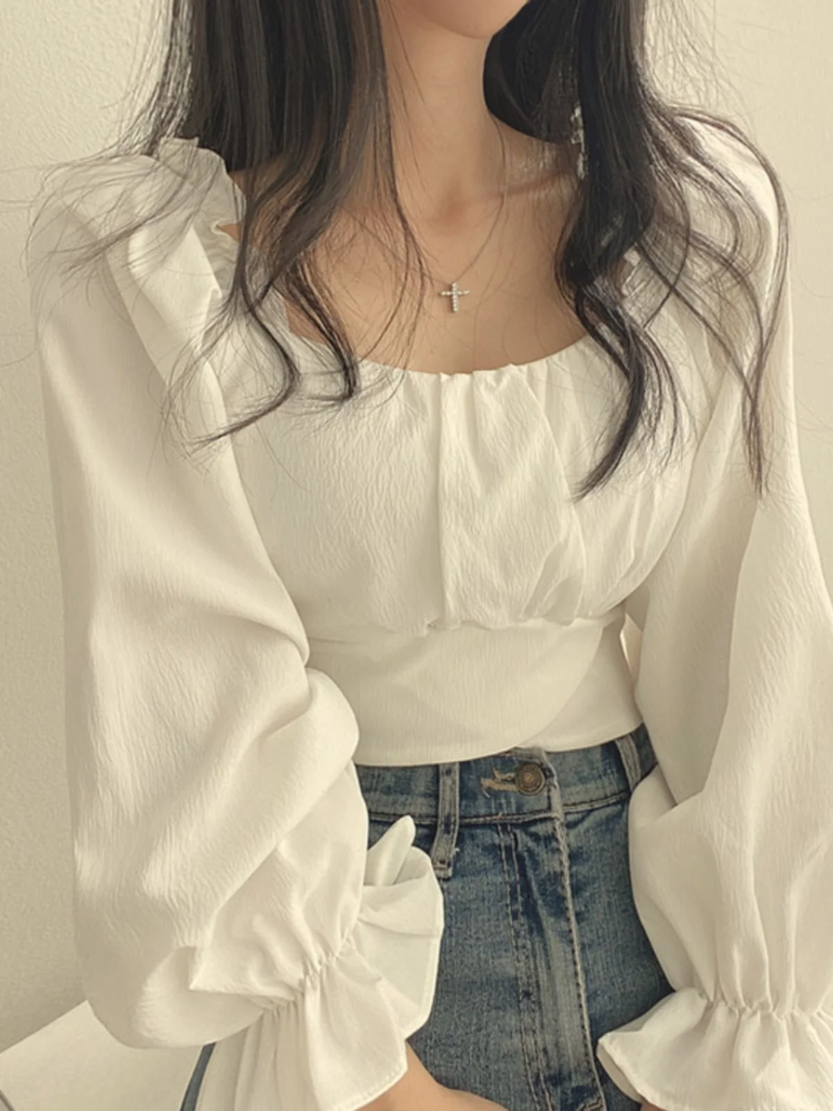 

Chic Square Collar Bubble Sve ort irt Women's Faion Knot Spring Top Korean Sle Loose Fit Long Sve Pure Color