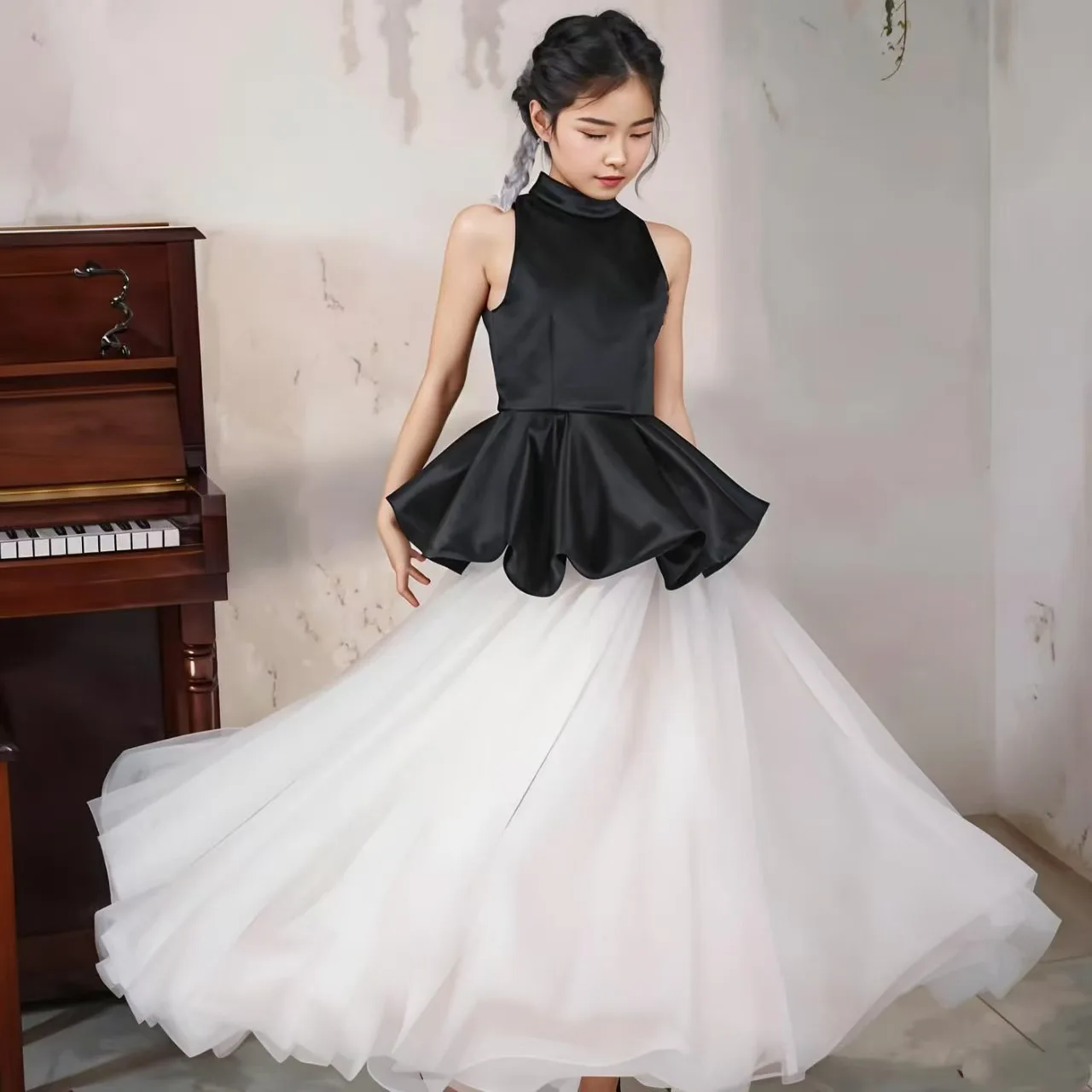 New Girls Dress Elegant High-end Sense catwalk host costume Children's Princess Dress Birthday Black Evening Dress