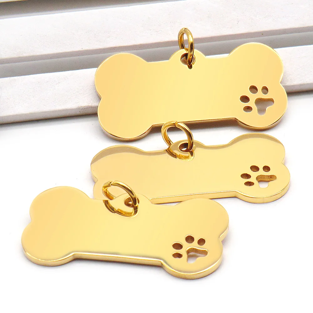 100PCS Stainless Steel Bone Pet ID Tag Pet Cat Dog Paw Collar Accessories Decoration  Engraving CollarsDog Multi-Function Plate