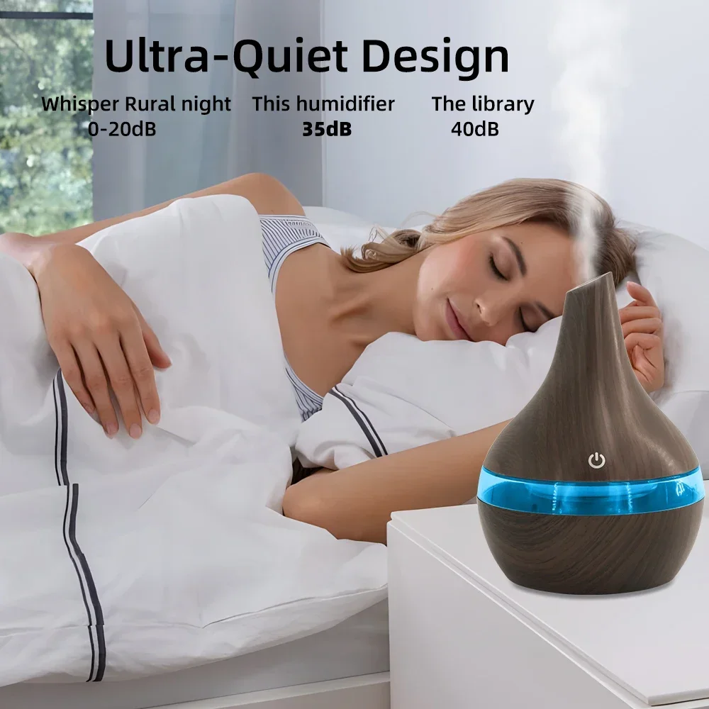 300 ml houtnerf etherische olie diffuser USB-luchtbevochtiger, automatische uitschakeling, stil, BPA-vrij, 2 oliën