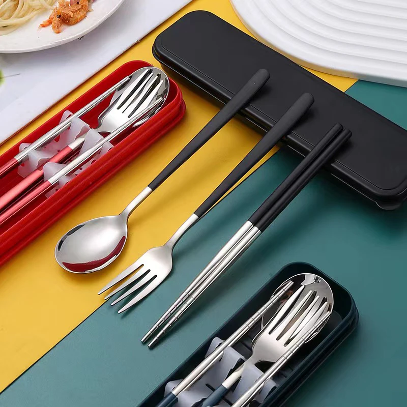 Stainless Steel Portable Cutlery Chopsticks Spoon Forks Set With Case School Dormitory Travelling Camping Cutlery