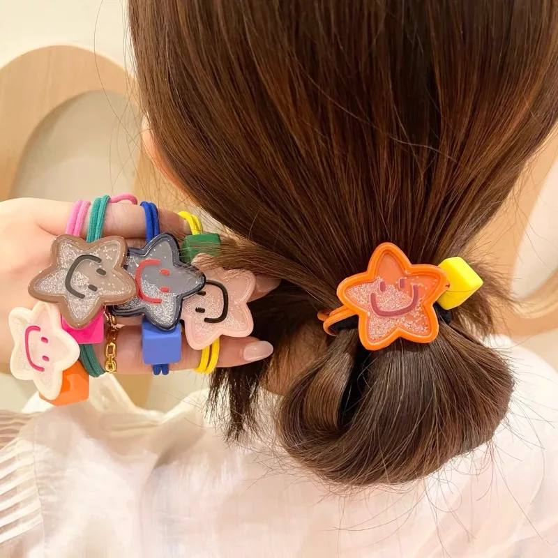 Colorful Smiling Face Star Elastic Hair Band for Girl Children Ponytail Hair Ties Hair Rubber Bands Fashion Headwear Accessory