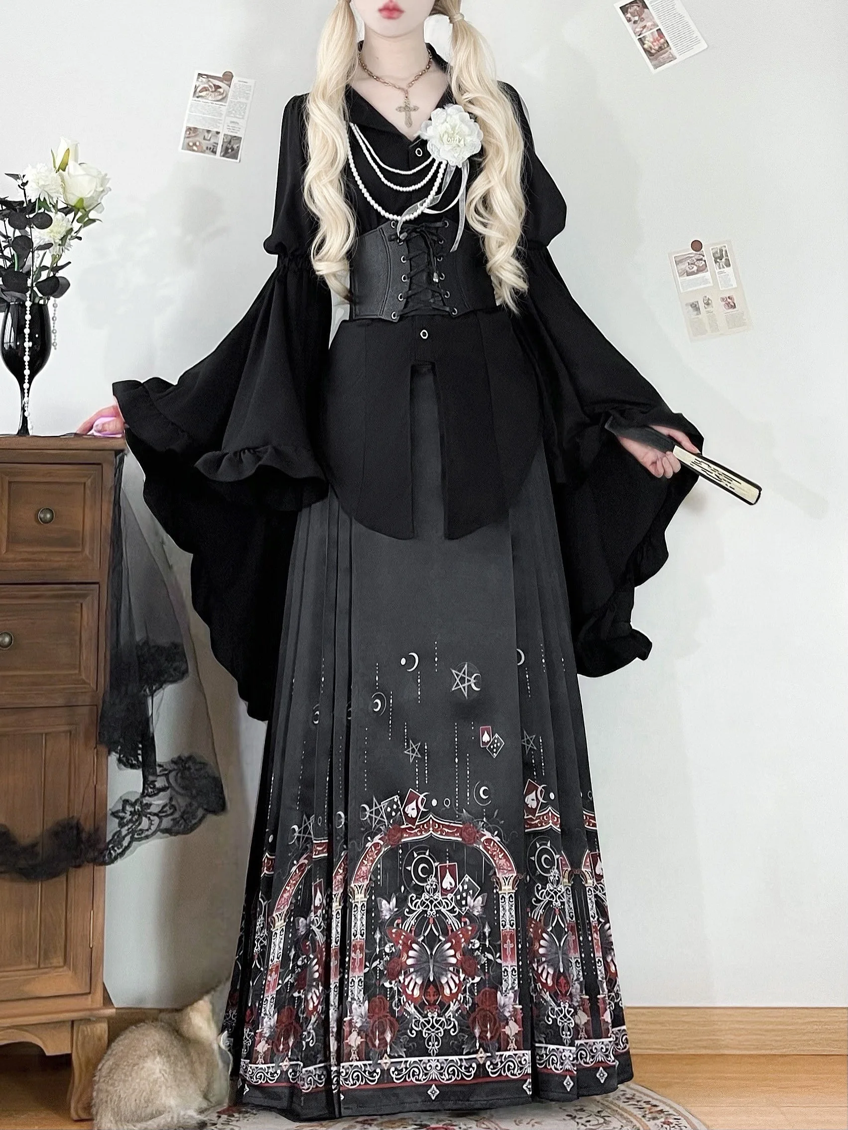 Original Gothic Style Ming Dynasty  Tailed Skirt Set Slimming Modified Hanfu Three Piece Set for Women Summer 2025