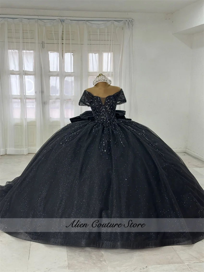 Glitter Zwart Quinceanera Jurken Baljurk Vestidos De 15 Anos Off-Shoulder Zoete 16e Verjaardag XV Prinses Partij Aangepaste