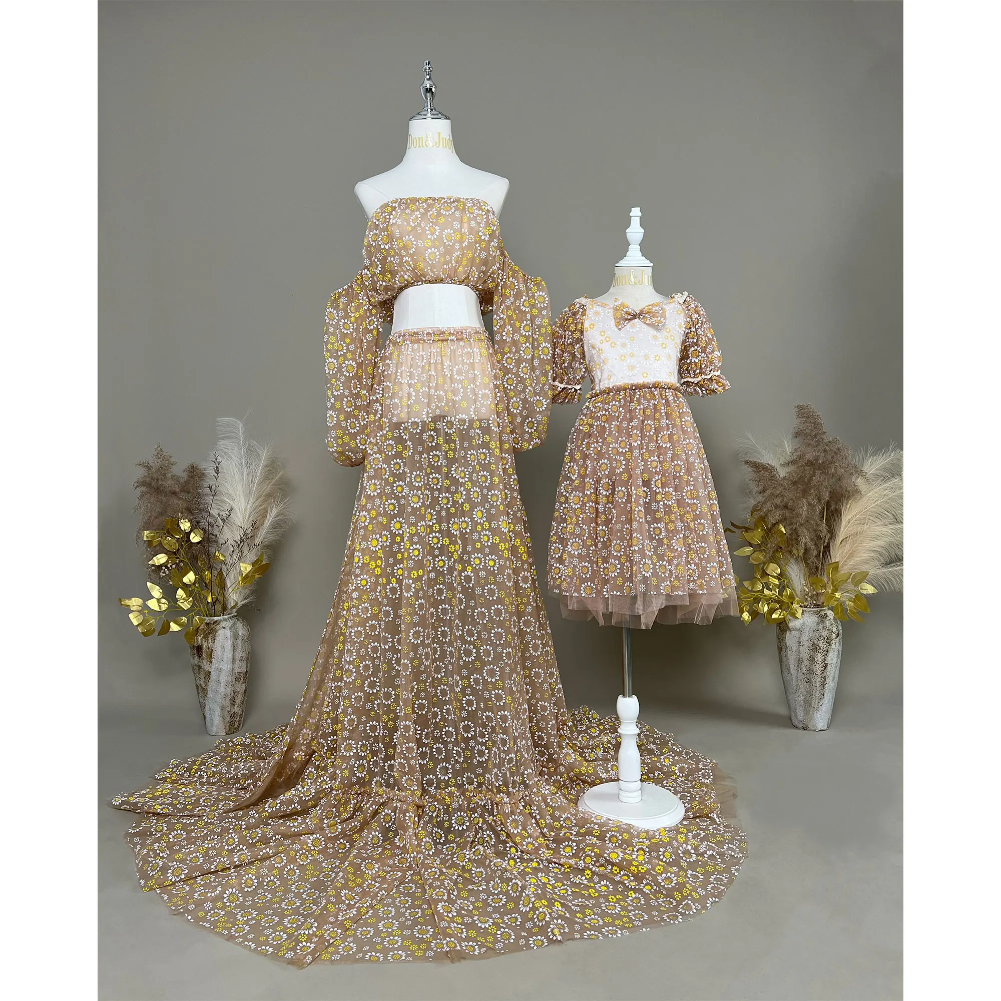 Don&Judy Flower Mommy&Me Dress Set Kids Girls for Mother Daughter Photography Outfit Family Look Maternity Babyshower Shoot Gown