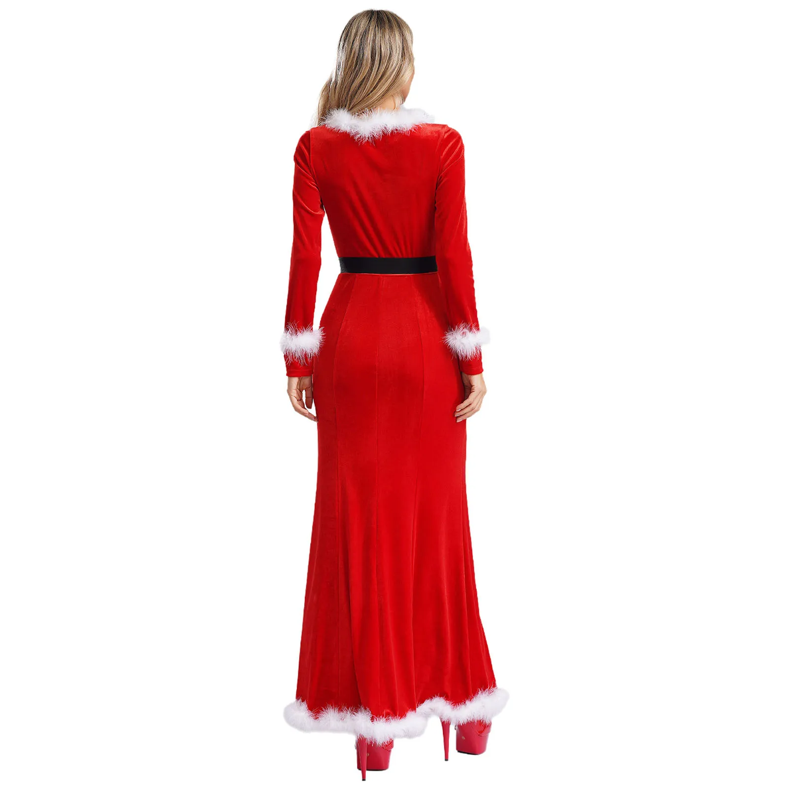 Women Christmas Dress Xmas Santa Claus Cosplay Costume Long Sleeve Velvet Fluff Maxi Dress with Belt for New Year Party Carnival