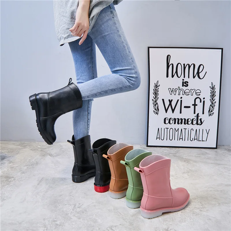 Fashion ladies rain boots high cross-cut mid-barrel Korean version anti-slip adult rain boots rubber shoes  plastic water boots