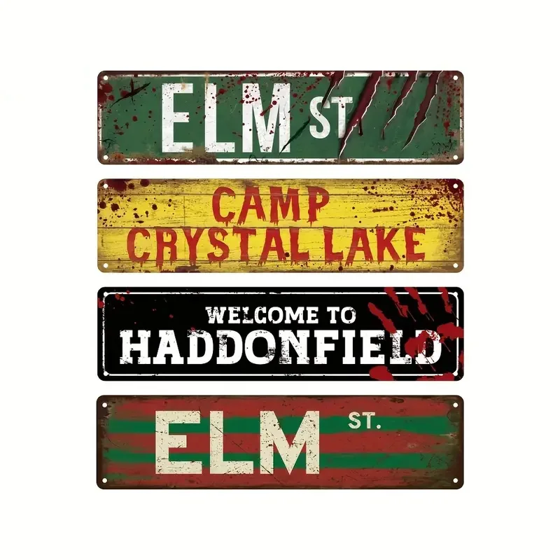 4 Uds., cartel de chapa de Metal de película de terror Vintage para carretera, 4 ''x 16''/10cm x 40cm, arte de pared perfecto para el hogar, jardín, Bar, cafetería, garaje, porche