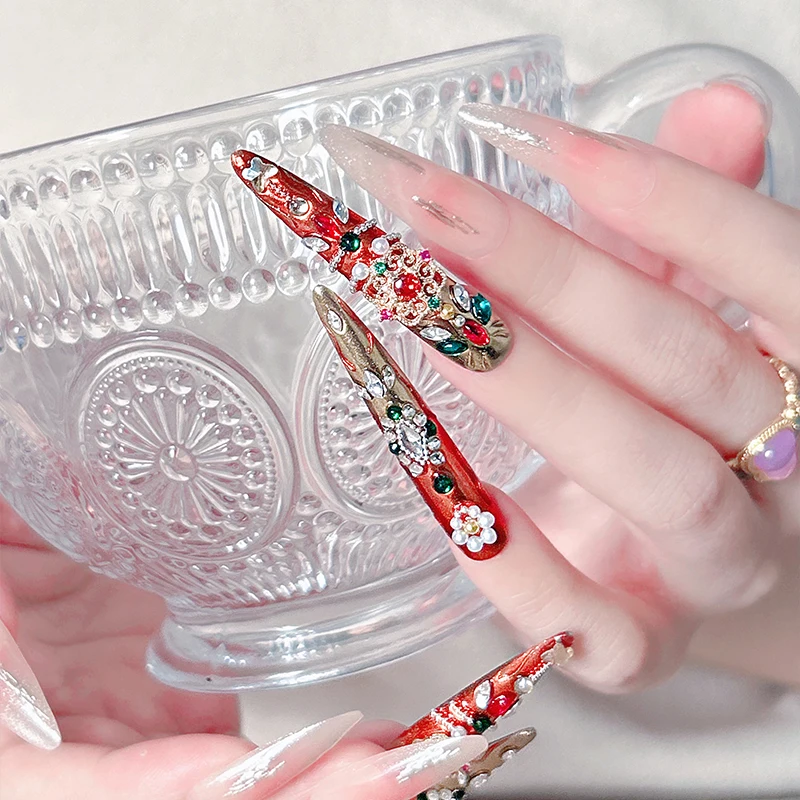 

14 (4 длинных + 10 коротких) Набор для ногтей Littini Royal Gemstone ручной работы — роскошная элегантность для особых мероприятий (обычные наборы для расширения)