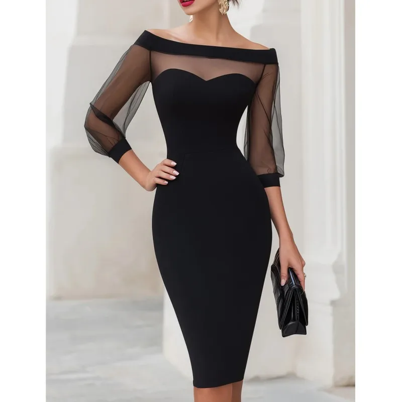 

New Elegant Shoulder Bared Dress Fashion Mesh Splice Black Netting fabric Bodycon Slim Hip-Hugging Dresses for Office Party 2026