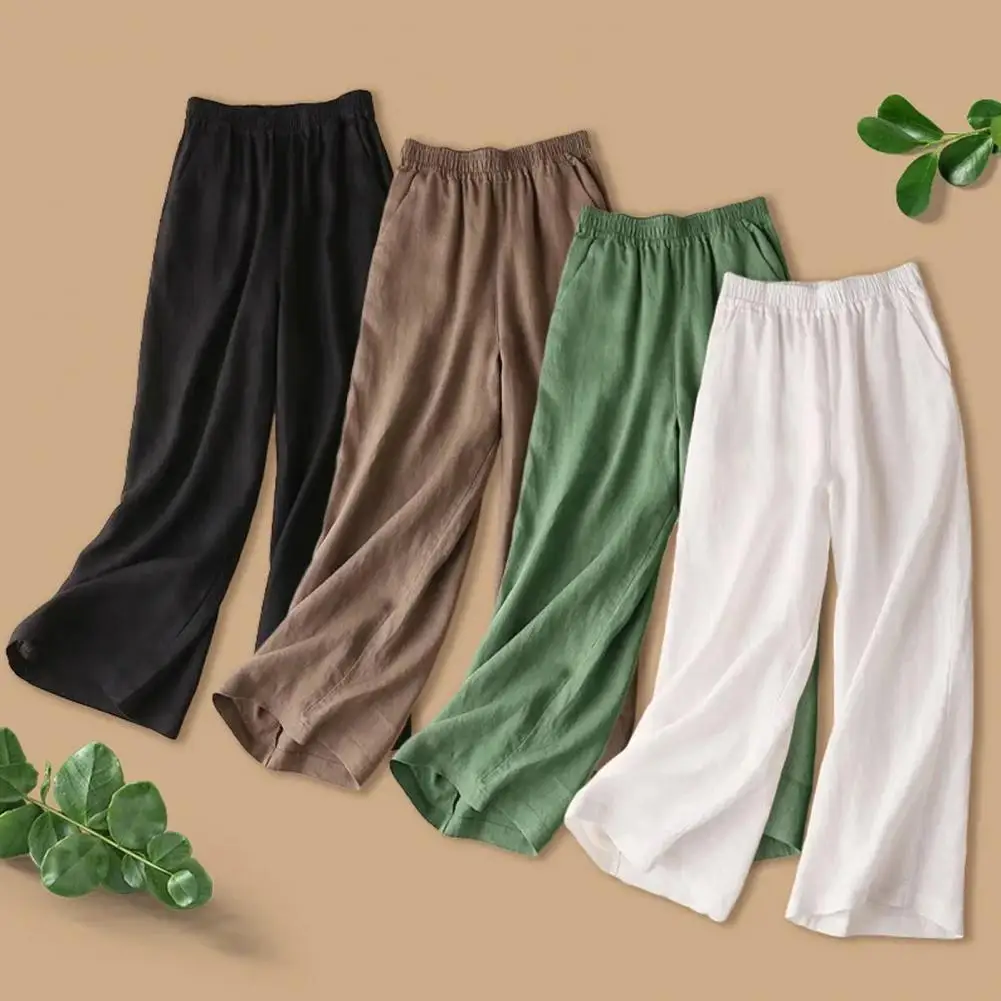 Pantalones rectos informales de cáñamo para mujer, ropa informal holgada de algodón, cintura larga, Europa, América, verano y otoño, novedad