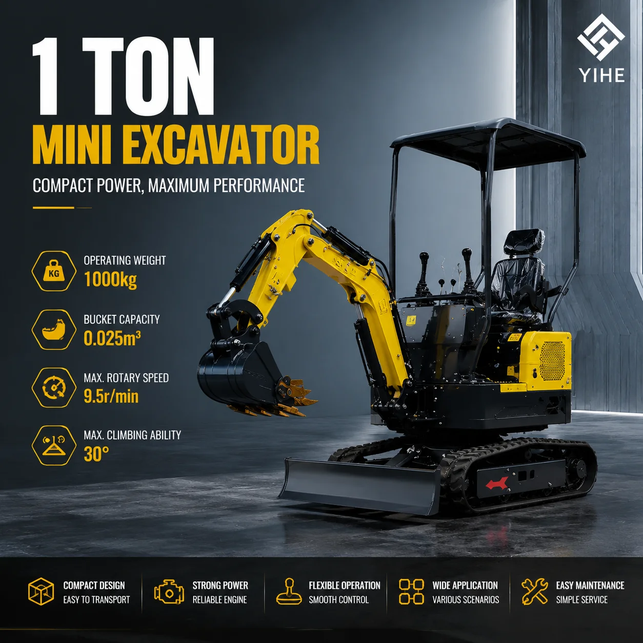1 Ton Mini Excavator with Enclosed Cab Compact Crawler Digger Joystick Control for Farm Landscaping Construction