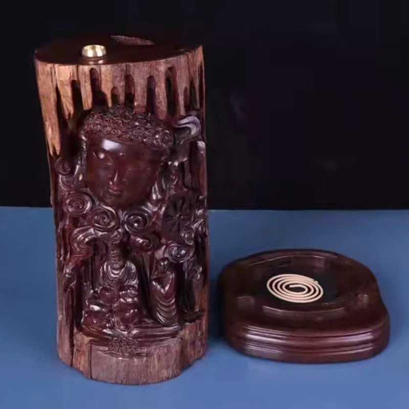 lobular red sandalwood asking Buddha, backflow incense ornaments, hand-carved incense burner home furnishings,