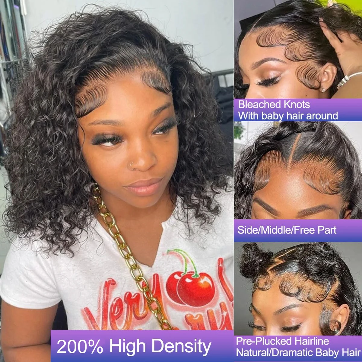 Perruque Bob Lace Front Wig naturelle ondulée, cheveux humains, Deep Curly, 13x4, 200% de densité