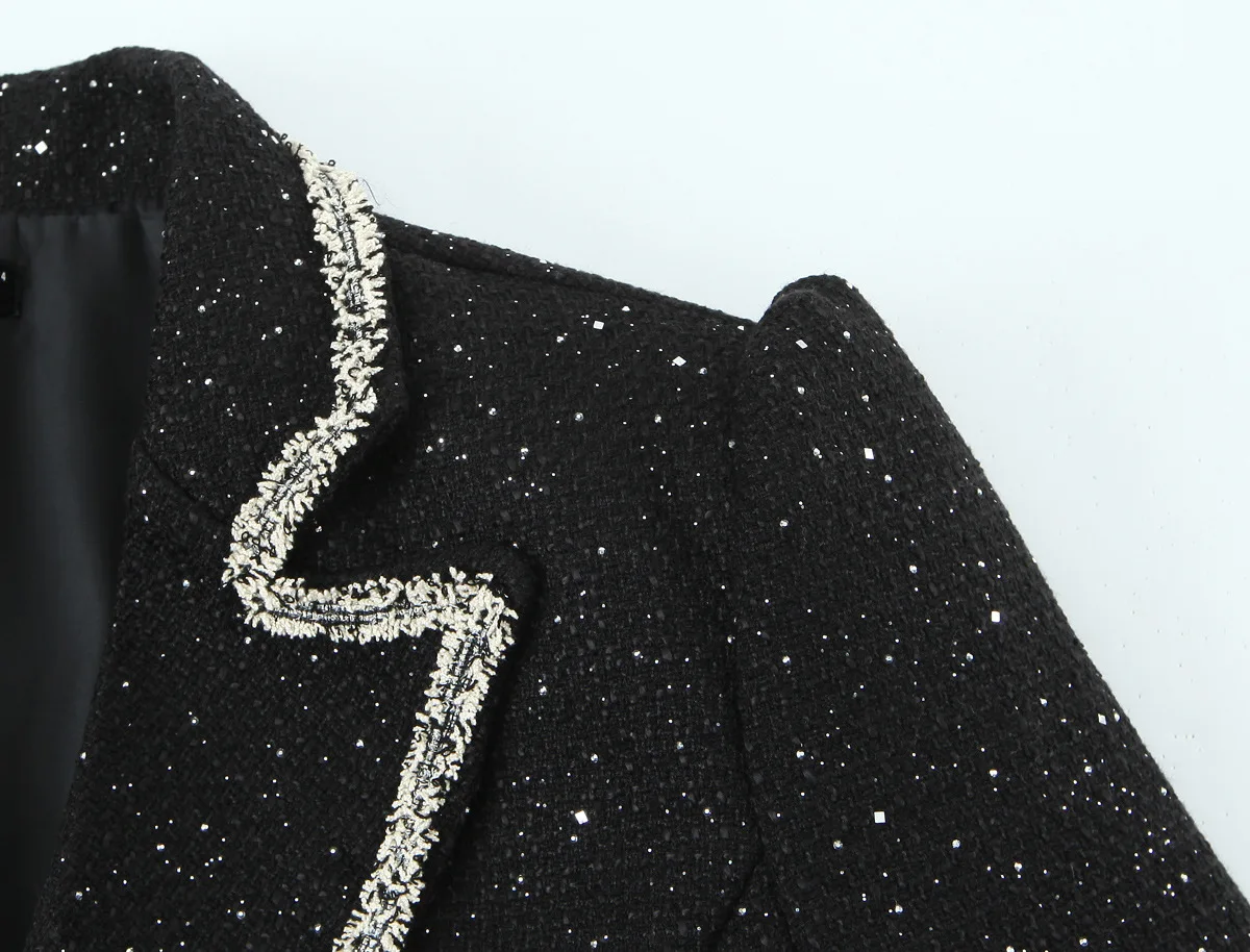 سترة نسائية لخريف/شتاء 2026 معطف طية صدر السترة وأكمام طويلة مطرزة قماش مكتنز مع شريط مدبب سترة بدلة سوداء #3