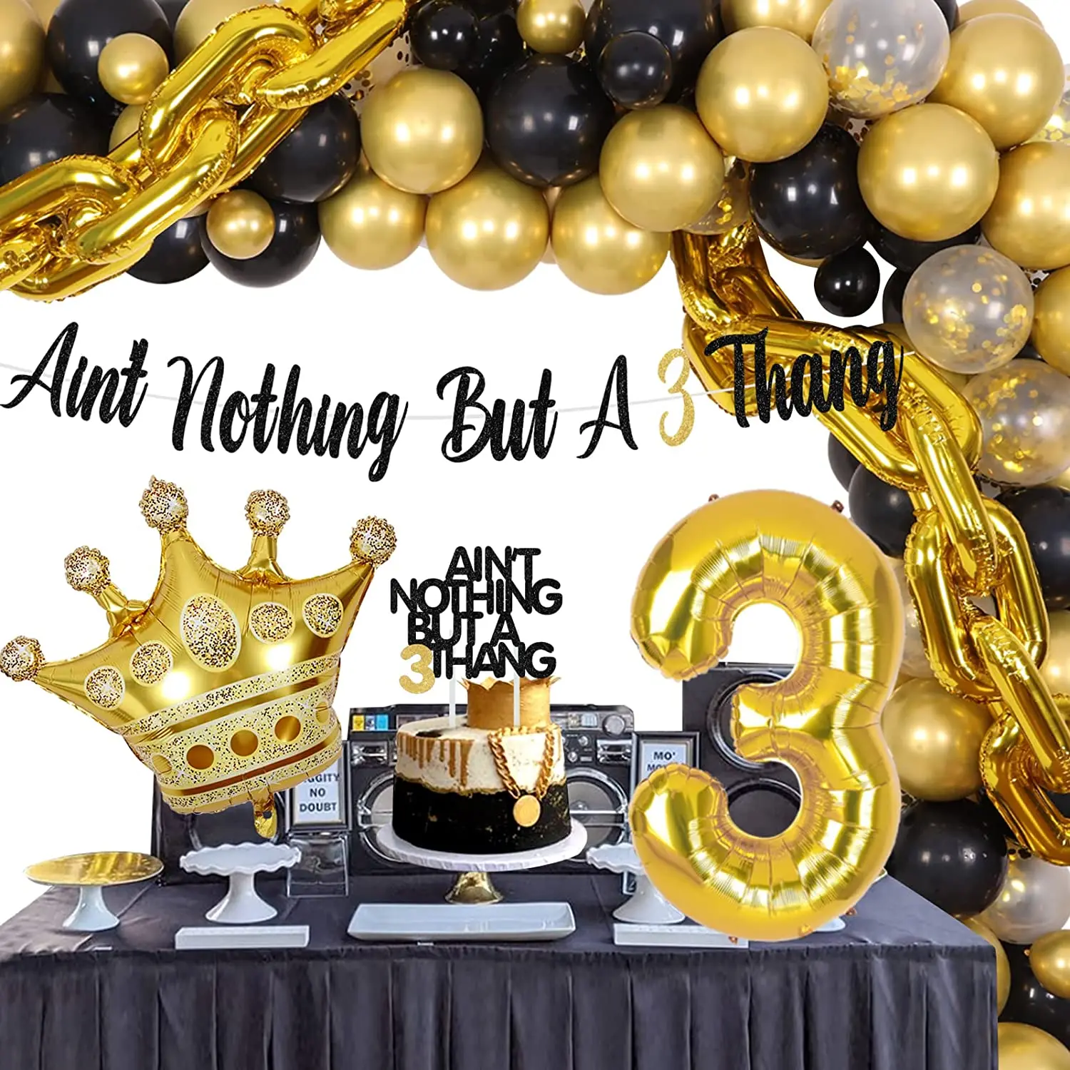 

The Notorious Hip Pop 3rd Birthday Decorations Black Gold Balloon Arch Kit with Ain't Nothing But A 3 Thang Banner Cake Topper